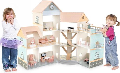 Costzon Wooden Dollhouse for Kids, DIY Pretend Dollhouse Playset w/ 41 Pieces of Furniture & Accessories, 7 Rooms, Balcony Patio & Garage, Corner 3-Story Luxury Doll House, Gift for Kids 3+ Years in Saudi Arabia