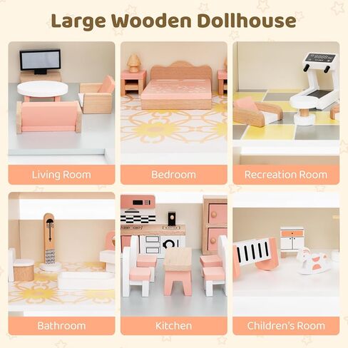 Costzon Wooden Dollhouse for Kids, DIY Pretend Dollhouse Playset w/ 41 Pieces of Furniture & Accessories, 7 Rooms, Balcony Patio & Garage, Corner 3-Story Luxury Doll House, Gift for Kids 3+ Years in Saudi Arabia
