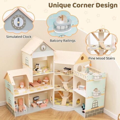 Costzon Wooden Dollhouse for Kids, DIY Pretend Dollhouse Playset w/ 41 Pieces of Furniture & Accessories, 7 Rooms, Balcony Patio & Garage, Corner 3-Story Luxury Doll House, Gift for Kids 3+ Years in Saudi Arabia