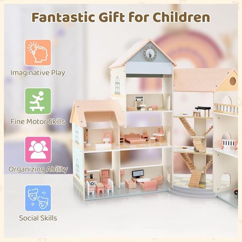 Costzon Wooden Dollhouse for Kids, DIY Pretend Dollhouse Playset w/ 41 Pieces of Furniture & Accessories, 7 Rooms, Balcony Patio & Garage, Corner 3-Story Luxury Doll House, Gift for Kids 3+ Years in Saudi Arabia