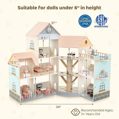 Costzon Wooden Dollhouse for Kids, DIY Pretend Dollhouse Playset w/ 41 Pieces of Furniture & Accessories, 7 Rooms, Balcony Patio & Garage, Corner 3-Story Luxury Doll House, Gift for Kids 3+ Years in Saudi Arabia