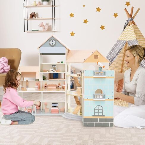 Costzon Wooden Dollhouse for Kids, DIY Pretend Dollhouse Playset w/ 41 Pieces of Furniture & Accessories, 7 Rooms, Balcony Patio & Garage, Corner 3-Story Luxury Doll House, Gift for Kids 3+ Years in Saudi Arabia