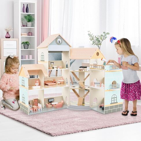 Costzon Wooden Dollhouse for Kids, DIY Pretend Dollhouse Playset w/ 41 Pieces of Furniture & Accessories, 7 Rooms, Balcony Patio & Garage, Corner 3-Story Luxury Doll House, Gift for Kids 3+ Years in Saudi Arabia