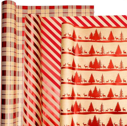 لفات ورق تغليف عيد الميلاد من sayrrame - مجموعة من 3 لفات من ورق تغليف الهدايا باللون الأحمر غير اللامع الفاخر (17 بوصة × 33 قدم)، تتميز بشجرة عيد الميلاد، الرنة، منقوشة حمراء، تصميمات مخططة لتغليف الهدايا in Kuwait