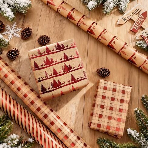 لفات ورق تغليف عيد الميلاد من sayrrame - مجموعة من 3 لفات من ورق تغليف الهدايا باللون الأحمر غير اللامع الفاخر (17 بوصة × 33 قدم)، تتميز بشجرة عيد الميلاد، الرنة، منقوشة حمراء، تصميمات مخططة لتغليف الهدايا in Kuwait