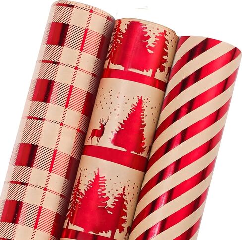لفات ورق تغليف عيد الميلاد من sayrrame - مجموعة من 3 لفات من ورق تغليف الهدايا باللون الأحمر غير اللامع الفاخر (17 بوصة × 33 قدم)، تتميز بشجرة عيد الميلاد، الرنة، منقوشة حمراء، تصميمات مخططة لتغليف الهدايا in Kuwait