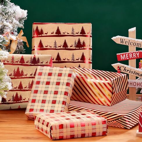 لفات ورق تغليف عيد الميلاد من sayrrame - مجموعة من 3 لفات من ورق تغليف الهدايا باللون الأحمر غير اللامع الفاخر (17 بوصة × 33 قدم)، تتميز بشجرة عيد الميلاد، الرنة، منقوشة حمراء، تصميمات مخططة لتغليف الهدايا in Kuwait