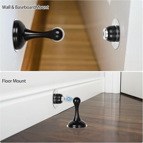 Magnetic Door Stoppers 2 Pack, Stainless Steel Heavy Duty Door Stops for Wall and Floor Mounting, No Drilling Door Stop with Strong Adhesive Tapes, Black in Saudi Arabia