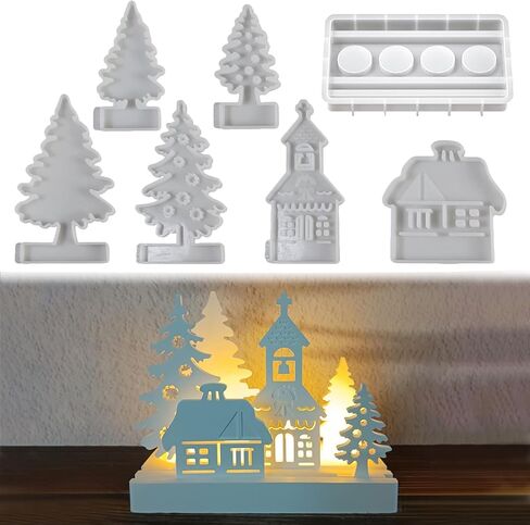 Christmas Village Candle Holder Mold, 3D House Silicone Molds, Hollowed Out Street View Trees House Candlestick Molds, Epoxy Resin Casting Mould for Holiday Party Decor (Set-A) in Saudi Arabia