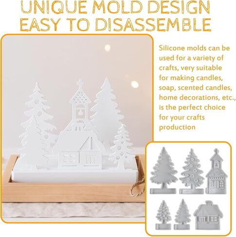 Christmas Village Candle Holder Mold, 3D House Silicone Molds, Hollowed Out Street View Trees House Candlestick Molds, Epoxy Resin Casting Mould for Holiday Party Decor (Set-A) in Saudi Arabia