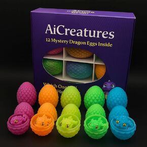 12 Pack Glow in The Dark Dragon Eggs with Tray – 3D Printed Articulated Dragons, Flexible Fidget Toy Set with Textured Skin and Marble Eyes – Surprise Party Favor Gift for Kids and Collectors in Saudi Arabia