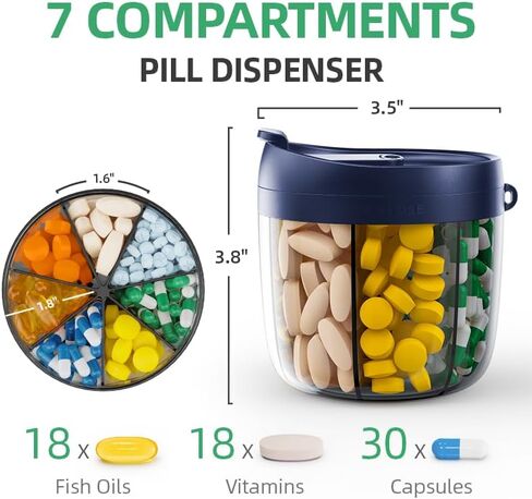 زجاجة توزيع حبوب الدواء المحمولة من PULIV، منظم الفيتامينات مع 7 حجرات، تحمل الكثير من المكملات الغذائية مع تصميم مضاد للخلط وفتحات واسعة، سهلة استرجاع الأدوية، تتضمن 20 قطعة من الملصقات اللاصقة in Kuwait