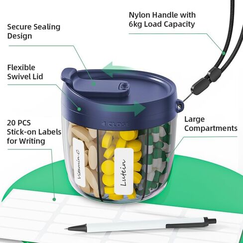 زجاجة توزيع حبوب الدواء المحمولة من PULIV، منظم الفيتامينات مع 7 حجرات، تحمل الكثير من المكملات الغذائية مع تصميم مضاد للخلط وفتحات واسعة، سهلة استرجاع الأدوية، تتضمن 20 قطعة من الملصقات اللاصقة in Kuwait