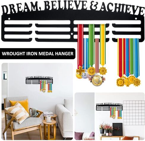 Medal Display Hanger Wall Mounted Stainless Steel Medal Display Rack Decorative Black Medal Holder with Inspirational Words Heavy Duty Memorial Medal Hanger for Living Room Bedroom in Saudi Arabia