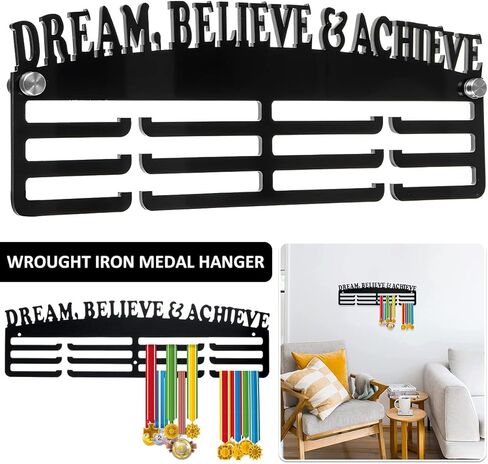 Medal Display Hanger Wall Mounted Stainless Steel Medal Display Rack Decorative Black Medal Holder with Inspirational Words Heavy Duty Memorial Medal Hanger for Living Room Bedroom in Saudi Arabia