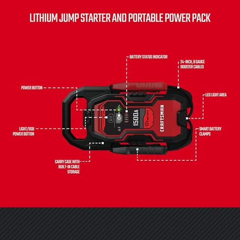 CRAFTSMAN CMXCESM263 1000A 12V Lithium Jump Starter - طاقة USB محمولة - ما يصل إلى 25 قفزة لكل شحنة - ضوء منطقة LED - يبدأ ما يصل إلى 6.0 لتر من الغاز ومحركات الديزل 3.0 لتر in Kuwait