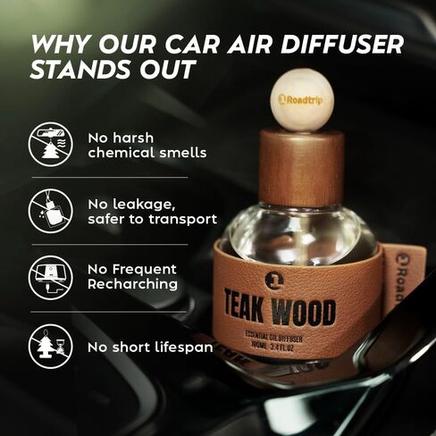 Car Air Freshener - Long Lasting Essential Oil Diffuser - Aromatherapy Accessories for Men & Women - Non-Toxic Odor Eliminator - Teakwood Car Scent Diffuser 3.38 FL OZ/100ML in Saudi Arabia