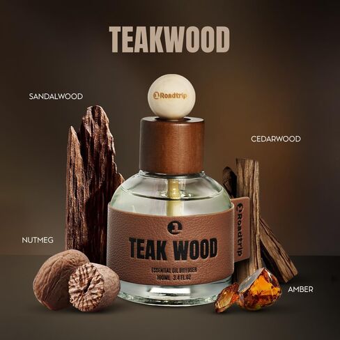 Car Air Freshener - Long Lasting Essential Oil Diffuser - Aromatherapy Accessories for Men & Women - Non-Toxic Odor Eliminator - Teakwood Car Scent Diffuser 3.38 FL OZ/100ML in Saudi Arabia