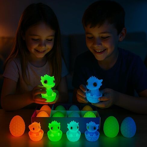 12 Pack Glow in The Dark Dragon Eggs with Tray – 3D Printed Articulated Dragons, Flexible Fidget Toy Set with Textured Skin and Marble Eyes – Surprise Party Favor Gift for Kids and Collectors in Saudi Arabia