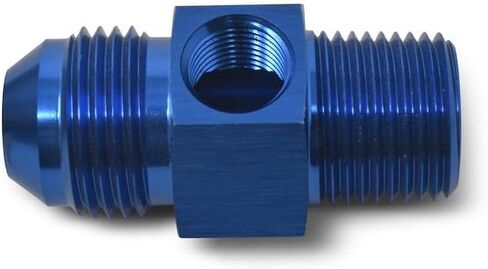 Fuel Pressure Gauge Fitting | 8AN Male to 3/8" NPT | Straight with 1/8" Side Port | Anodized Aluminum | Blue Finish | 8AN Fuel Systems in Saudi Arabia