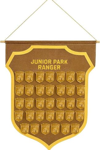 Junior Park Ranger Badge Display Banner – Felt Wall Hanging for 54 Badges, Kids National Park Souvenir Holder with Wooden Dowel – Brown & Gold Shield Rack for Junior Ranger Collections (29.25 x 23 inches) in Saudi Arabia