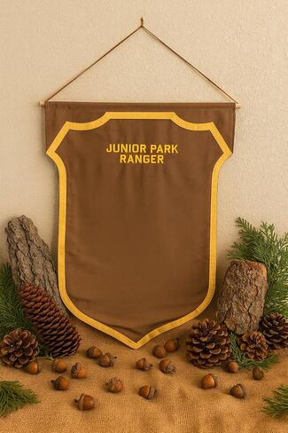 Junior Park Ranger Badge Display Banner – Felt Wall Hanging for 54 Badges, Kids National Park Souvenir Holder with Wooden Dowel – Brown & Gold Shield Rack for Junior Ranger Collections (29.25 x 23 inches) in Saudi Arabia