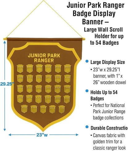 Junior Park Ranger Badge Display Banner – Felt Wall Hanging for 54 Badges, Kids National Park Souvenir Holder with Wooden Dowel – Brown & Gold Shield Rack for Junior Ranger Collections (29.25 x 23 inches) in Saudi Arabia