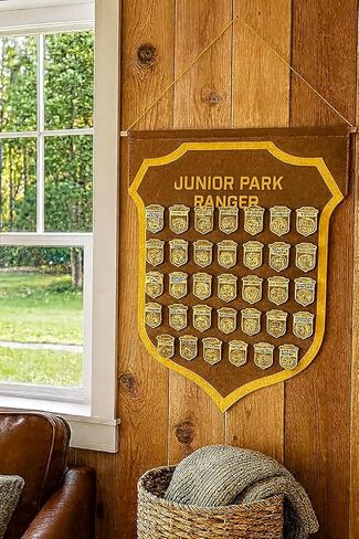 Junior Park Ranger Badge Display Banner – Felt Wall Hanging for 54 Badges, Kids National Park Souvenir Holder with Wooden Dowel – Brown & Gold Shield Rack for Junior Ranger Collections (29.25 x 23 inches) in Saudi Arabia