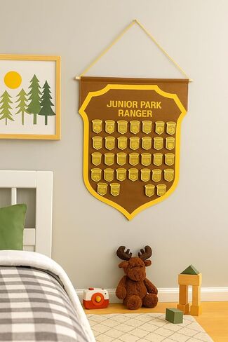 Junior Park Ranger Badge Display Banner – Felt Wall Hanging for 54 Badges, Kids National Park Souvenir Holder with Wooden Dowel – Brown & Gold Shield Rack for Junior Ranger Collections (29.25 x 23 inches) in Saudi Arabia