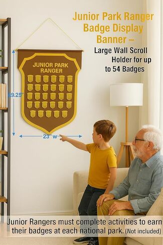 Junior Park Ranger Badge Display Banner – Felt Wall Hanging for 54 Badges, Kids National Park Souvenir Holder with Wooden Dowel – Brown & Gold Shield Rack for Junior Ranger Collections (29.25 x 23 inches) in Saudi Arabia