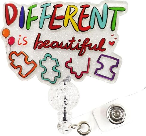 بكرة شارة ملهمة قابلة للسحب مع مشبك التمساح، حامل شارة تعريف اقتباس "Different is Beautiful" للممرضة والمعلم والطالب - مشبك شارة تحفيزي لطيف in Saudi Arabia