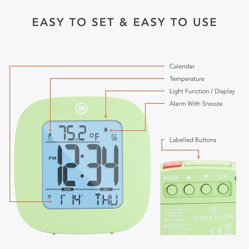 MARATHON Compact Alarm Clock with Temperature & Date, French Blue - Large, Easy to Read Display with Backlight - Easy to Set Up & Use - Two AAA Batteries Included in Kuwait
