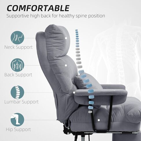 HOMCOM Large Overstuffed Office Chair with Lumbar Support, High Back Reclining Executive Corduroy Computer Desk Chair with Footrest, Swivel Wheels, Gray in Saudi Arabia