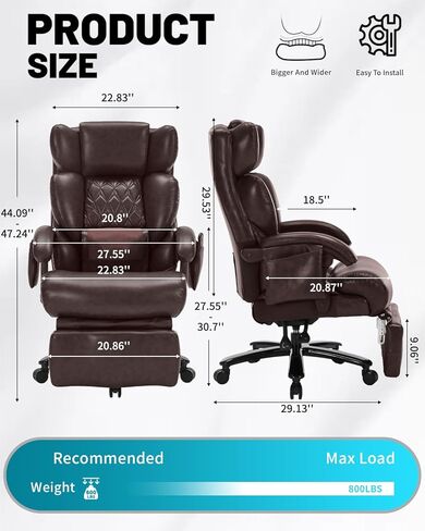 800LBS Massage Office Chair with Foot Rest & 8 Points Vibration Heat for Heavy People,Big and Tall Ergonomic Executive Reclining Desk Chairs for Home Office Managerial Use (Brown (Wheel Upgrade)) in Saudi Arabia