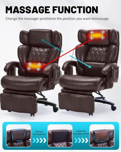 800LBS Massage Office Chair with Foot Rest & 8 Points Vibration Heat for Heavy People,Big and Tall Ergonomic Executive Reclining Desk Chairs for Home Office Managerial Use (Brown (Wheel Upgrade)) in Saudi Arabia