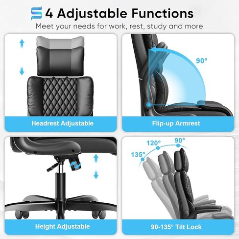Sytas Executive Office Ergonomic Chair with Adjustable Headrest, PU Leather Desk Chair, High-Back Swivel Task Chair for Home Office, 135° Reclining, Black in Saudi Arabia