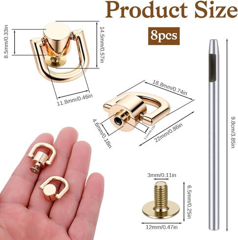 8 PCS D Rings for Purse, Brass D Ring Studs Rivets Purse Strap Hardware with Punch Tool - 360 Rotatable Crossbody Conversion Kit for Leather Handbag Belt DIY Craft Hardware Accessories (Gold) in Saudi Arabia