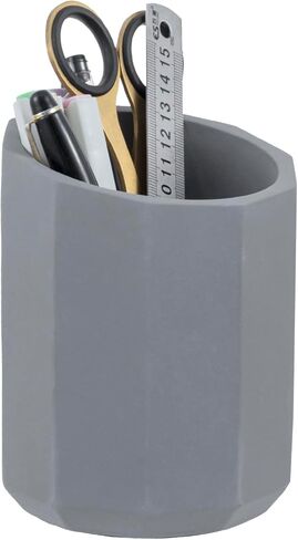 MyGift Modern Oval Gray Cement Pen Holder & Pencil Cup, Office Stationery Organizer with Removable Acacia Wood Dividers - Desktop Storage Solution in Saudi Arabia