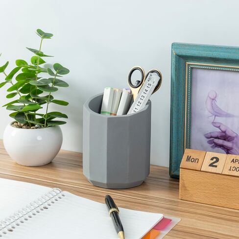 MyGift Modern Oval Gray Cement Pen Holder & Pencil Cup, Office Stationery Organizer with Removable Acacia Wood Dividers - Desktop Storage Solution in Saudi Arabia