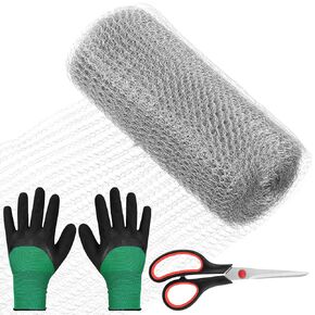 Swpeet 3Pcs 5" x 30FT Wire Mesh Hole Fill Fabric with Scissors and Anti-scretch Gloves, Stainless Steel Wire Mesh Roll, Flexible Stretchy Mesh Fabric Ideal for Garden House and DIY