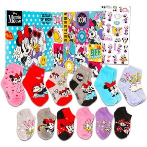 Disney Minnie Mouse Countdown 12 Days of Socks Set - Bundle with 12 Pairs of Disney Minnie Socks for Girls Size 4-7 Plus Disney Minnie Stickers | Disney Sock Gift Box Set