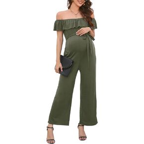 FUNJULY Maternity Jumpsuit Women's V Neck Short Sleeve Casual Jumpsuit High Waist Nursing Romper with Belt