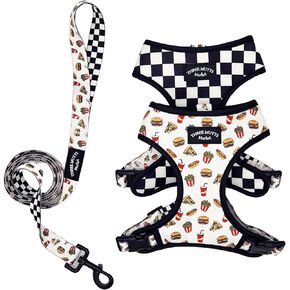 Three Mutts Market Reversible Dog Harness and Leash Set | Comfortable and Adjustable Dog Walking Halter for Dogs Up to 60 Pounds | Harness & Leash with Two Fun Designs in One (Hungry Mutt, X-Large)