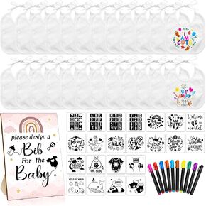55 Pcs DIY Baby Bibs Set Includes 22 White Feeder Bibs 22 Stencils 10 Fabric Markers 1 Wooden Baby Shower Game Sign