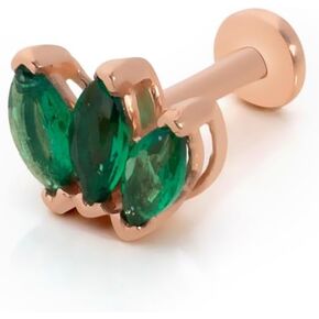 Lotus Stud Labret Cartilage Piercing Earring With Green Zircons - 14K Solid Yellow Gold - For Helix Tragus Lobe Conch Flat & Other Body Piercing BY KORAL JEWELRY