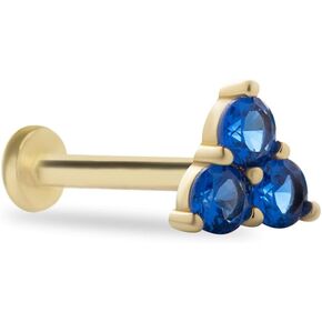 Stud Labret Cartilage Piercing Earring With Triple Blue Zircons - 14K Solid Yellow Gold - For Helix Tragus Lobe Conch Flat & Other Body Piercing BY KORAL JEWELRY