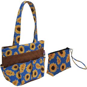 Bingo Dauber Bag with 8 Pockets and Wristlet Pouch - Large Tote Bag for Carrying Bingo Supplies and Money Pouch (Sunflowers)
