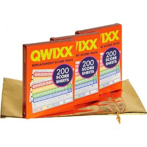 QWIXX 3 Replacement Score Pad Packs, 600 Score Sheets, Bonus Gold Metallic Cloth Drawstring Pouch, Bundled Items