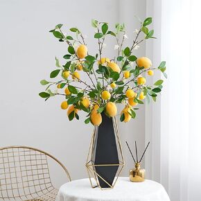 IUIBMI 3 Pack Artificial Lemon Branch, Yellow Vivid Fake Lemon Branches with Green Leaves, Artificial Floral Picks Spring Lemon Decorations for Kitchen Home Party Vase Decorations (3 Lemons)