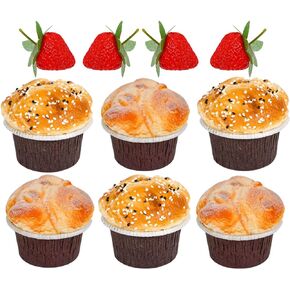 vensovo Small Realistic Artificial Bread Prop for Display - 6 Pack Fake Cupcake with Strawberries Model, Lifelike Fake Bread Desserts Pastries Great for Decorative Display, Photo Props and Gift Idea